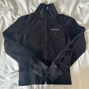 BEBE Velvet-Like Velour Tracksuit Jacket Womens Small Black Rhinestone Spellout